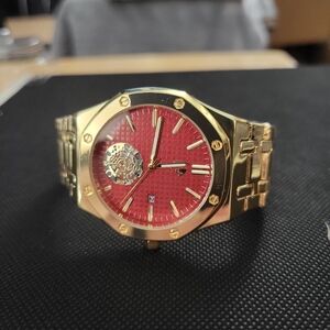 Gold Men's Watch with Red Dial